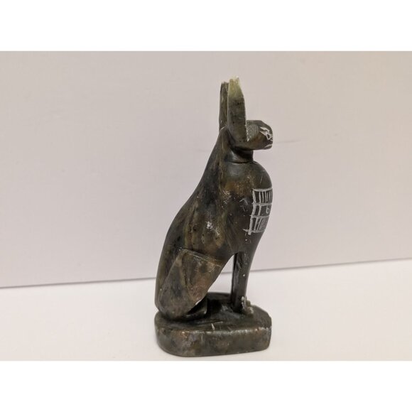 Hand-Carved Black Soapstone Egyptian Cat Figurine Hieroglyphic Detailing - Picture 6 of 10